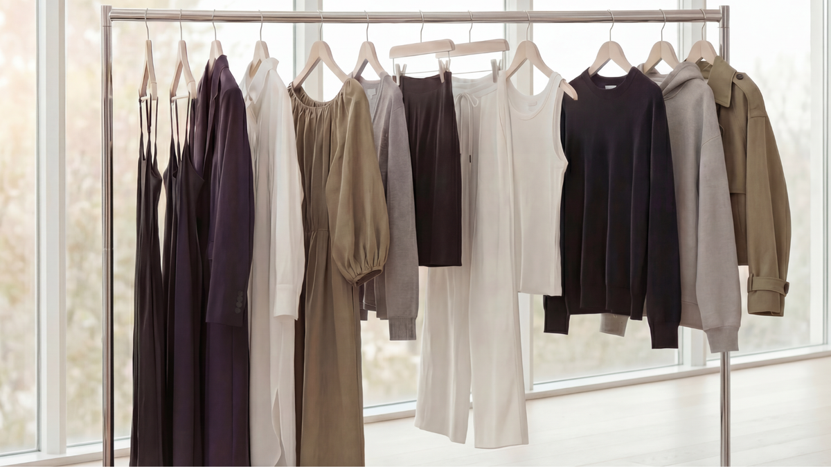 Capsule collection of neutral-toned garments on a flat-lay, showing small-batch, ethical slow fashion by Twill & Tee.