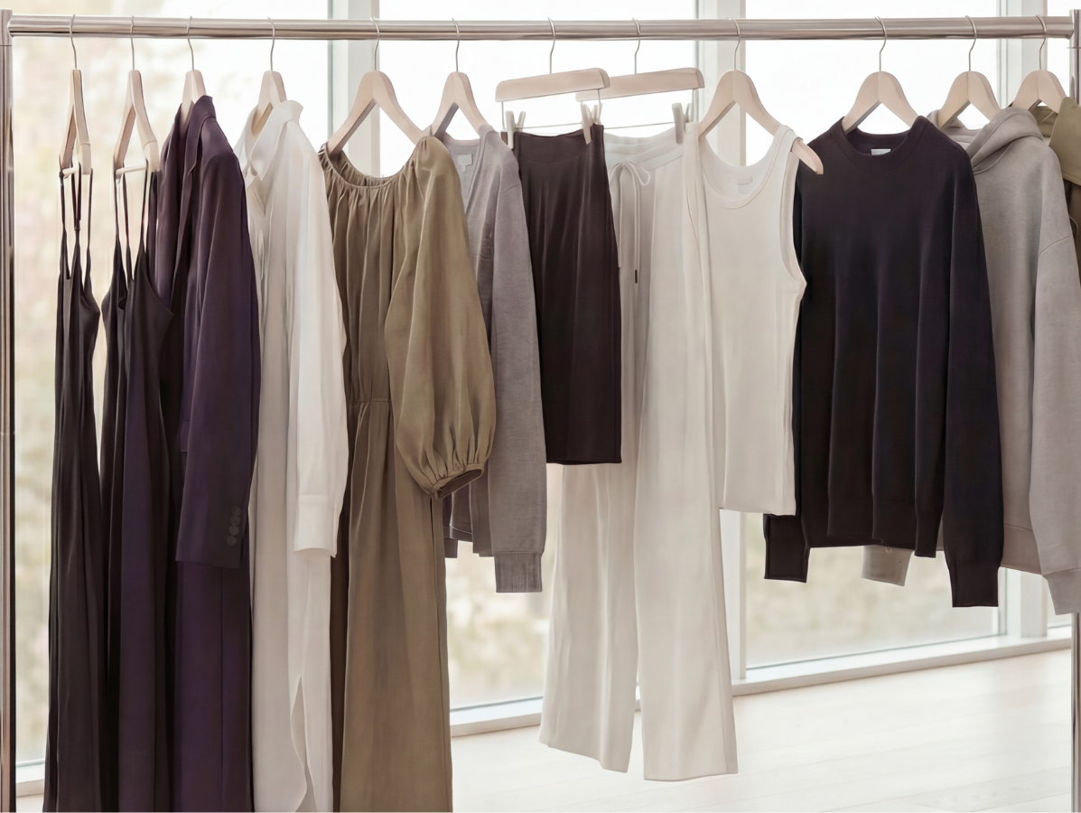 Capsule collection of neutral-toned garments on a flat-lay, showing small-batch, ethical slow fashion by Twill & Tee.