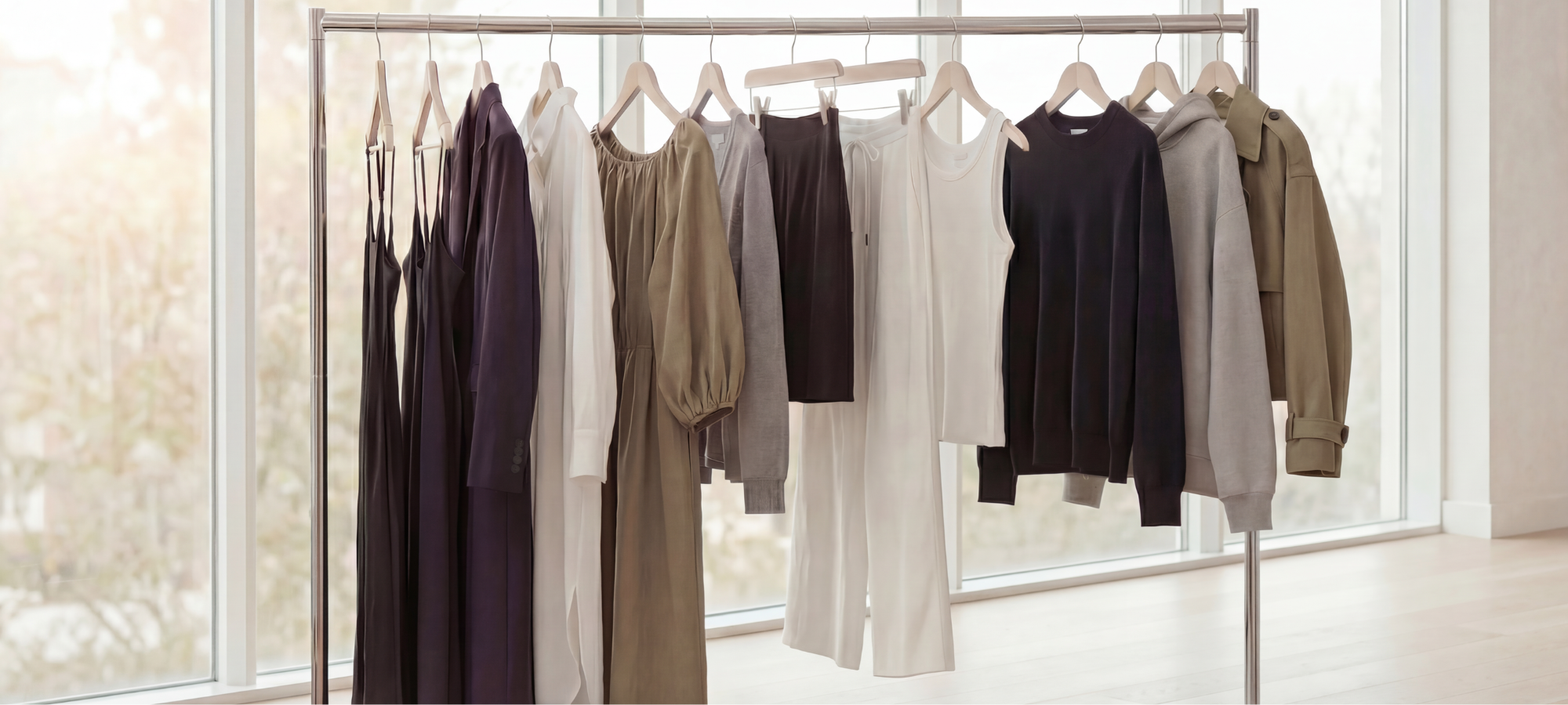 Capsule collection of neutral-toned garments on a flat-lay, showing small-batch, ethical slow fashion by Twill & Tee.